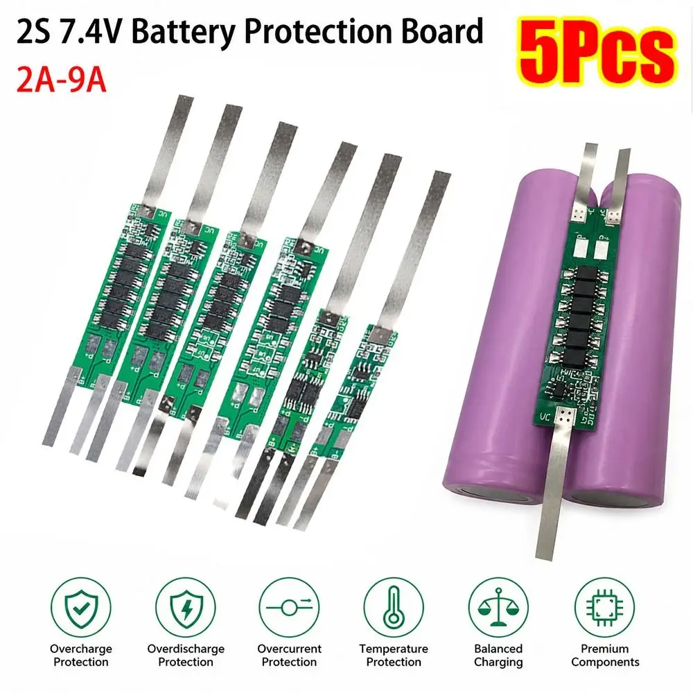 5 шт. 2S 7.4V Плата защиты аккумулятора 2A-9A с регулируемым током 0-50 ℃   Модуль защиты Li-ion аккумуляторов 18650 с функцией BMS для работы при различных температурах