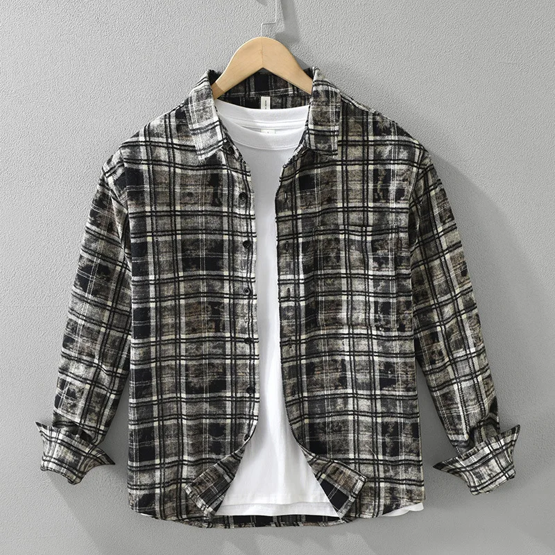 American Vintage Casual Check camisas de algodão para homens, moda japonesa, manga longa para outono, 100% algodão, tops amekaji soltos, casacos de outono, 2024