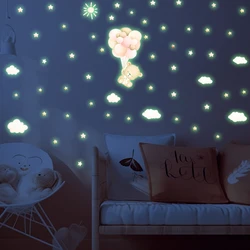 Cartoon Bear Balloon Luminous Wall Stickers for Girls Bedrooms Glow In The Dark Sun Stars Shine Stickers Nursery Room Decoration