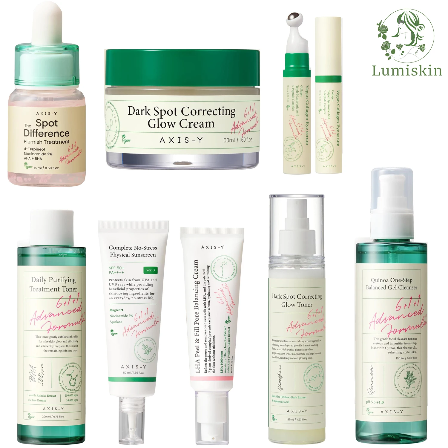 AXIS-Y Sérum Corrector de Manchas Oscuras + Sérum de Colágeno para Ojos + Tónico Iluminador + Crema + Gel Limpiador Facial Hidratante para el Cuidado de la Piel