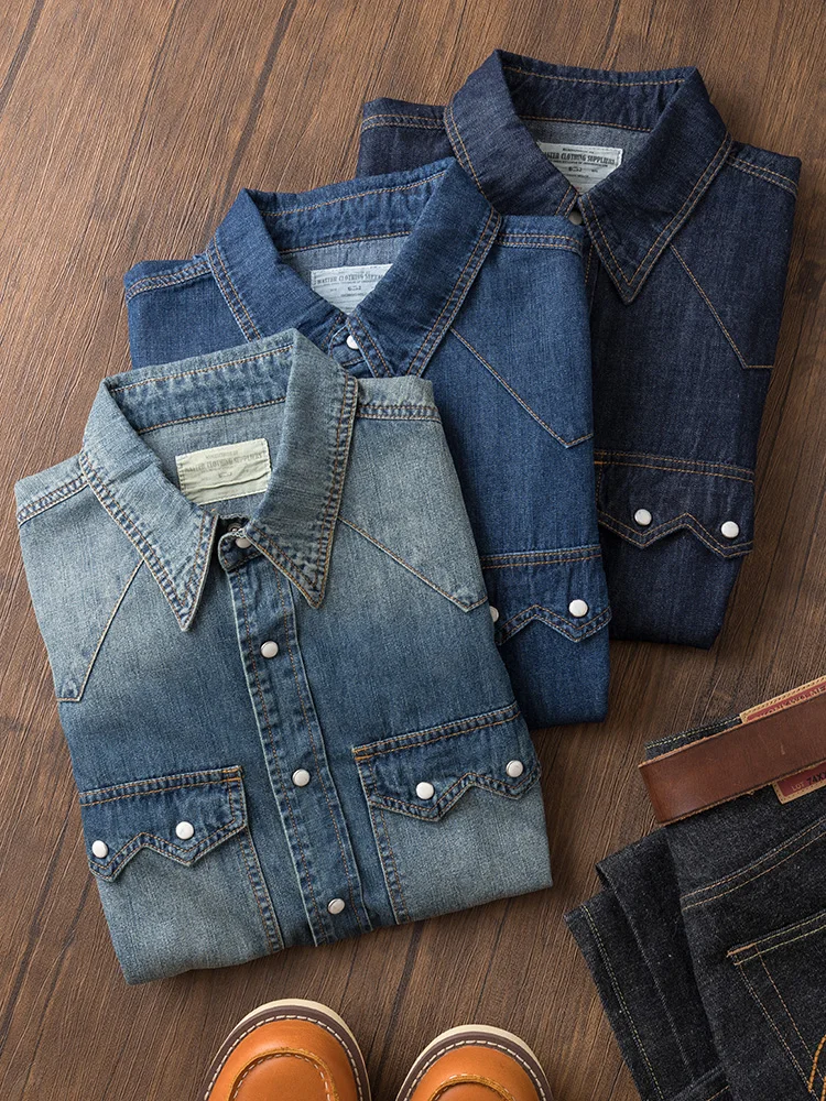 Retro American Casual Cotton Denim Shirt Men's Long Sleeve Workwear Jacket Youth Standard Fit Washed out Pocket Design Non-St...