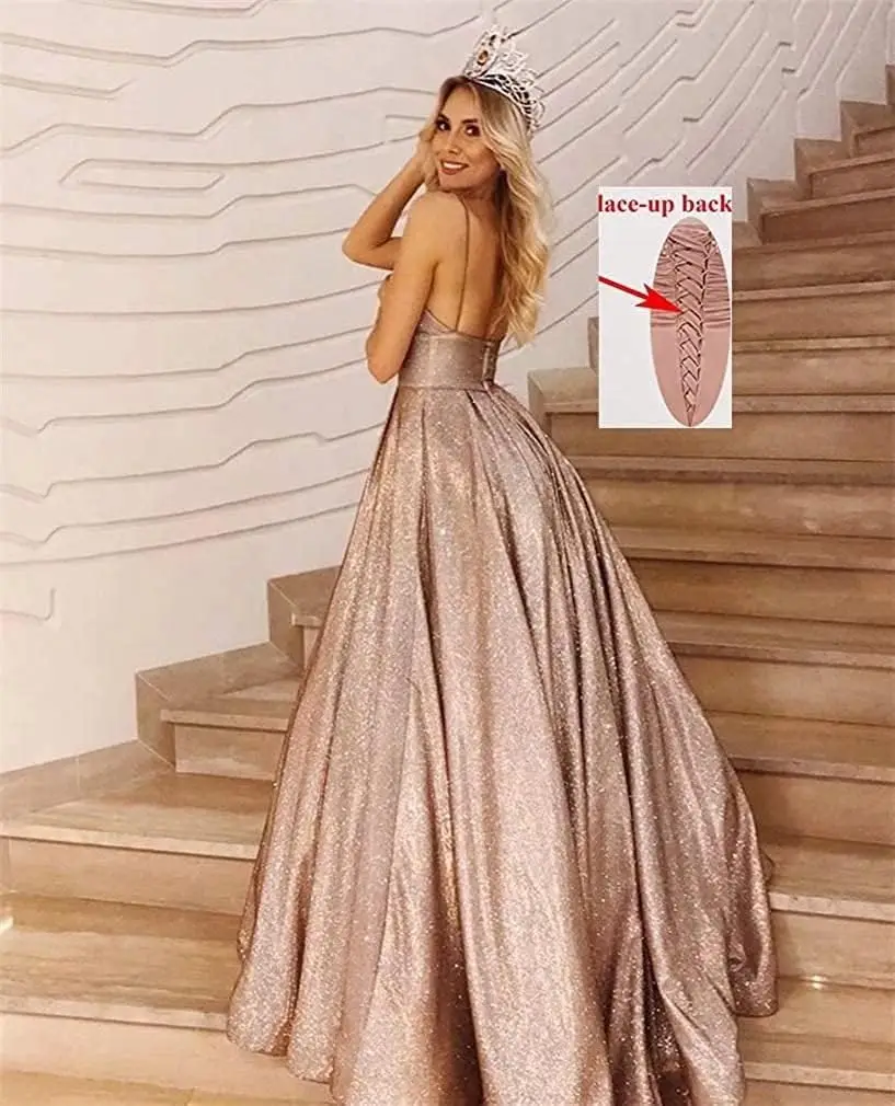 Vestidos de fiesta con purpurina para mujer 2025, vestido de fiesta formal largo y brillante con escote en V y bolsillos RPM223 Vestidos de fiesta