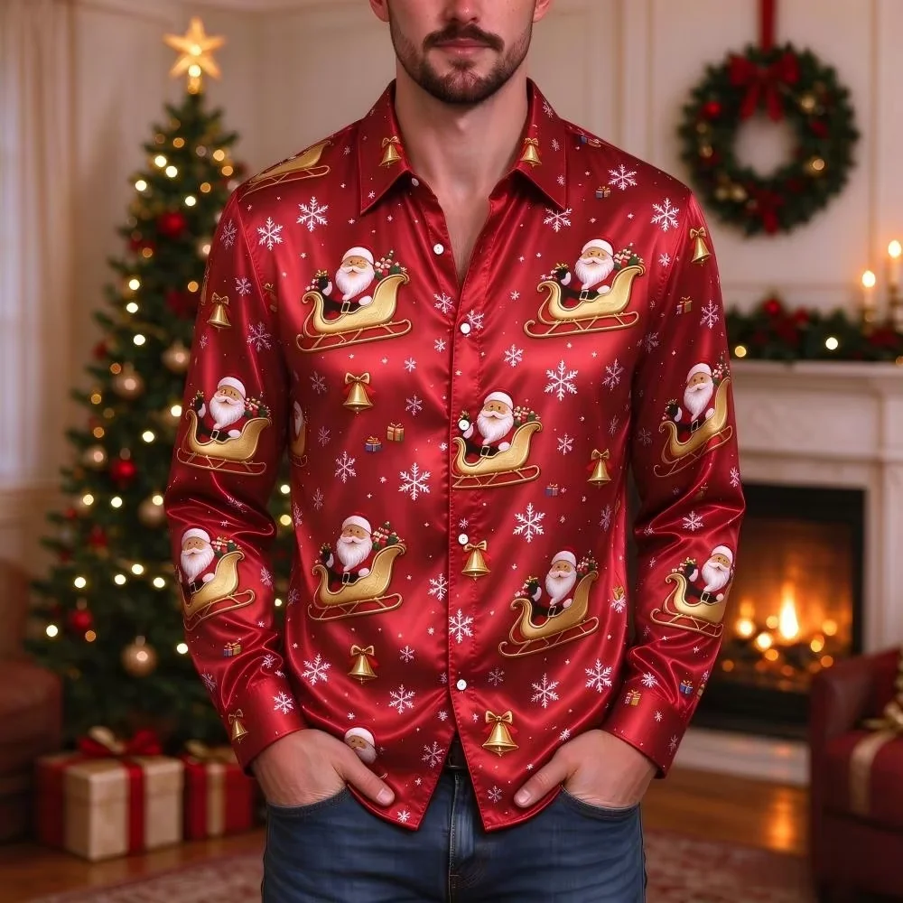 Christmas satin long-sleeved shirts, latest collection, with 20 different Christmas themed designs, 3D printed men's casual shir