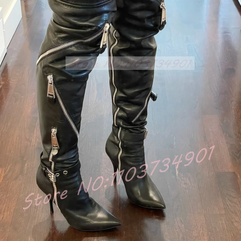 

Сапоги до бедра с несколькими молниями, женские ботинки с пряжкой на щиколотке и ремешком, черные ботинки на высоком каблуке с острым носком и заклепками, женские модные ботинки в уличном стиле