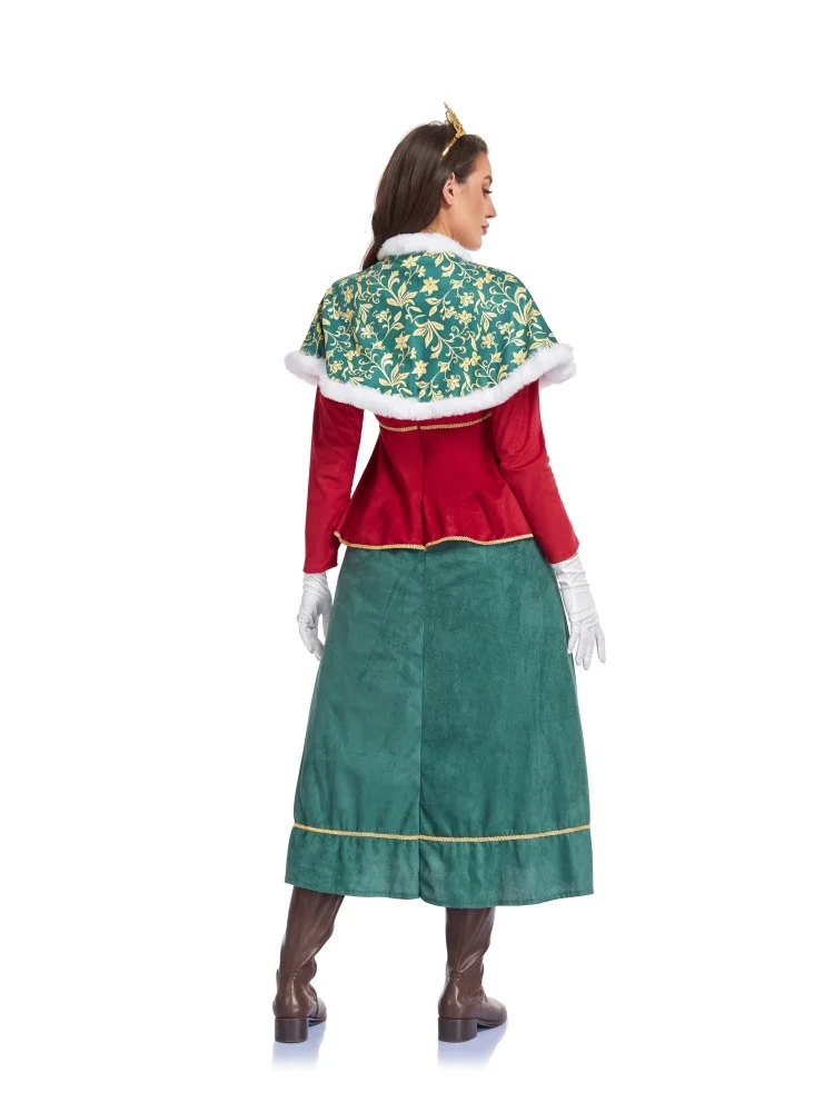 Neues Weihnachtsmann-Neujahrsparty-Kostüm für Damen, Rot-Grünes Kleid mit Umhang, Karnevalskostüm für Bühnenauftritte – Detail 7