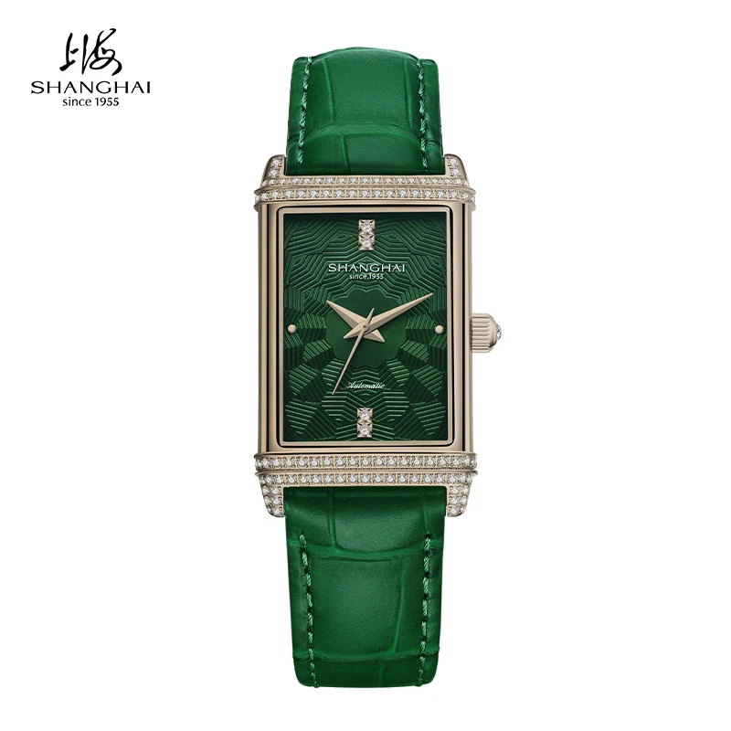 SHANGHAI Watches Vintage Women's Mechanical Watch 25x41 mm Rectangle Automatic Watch 3D Dial Sapphire Leather Fashion Watch 22MT