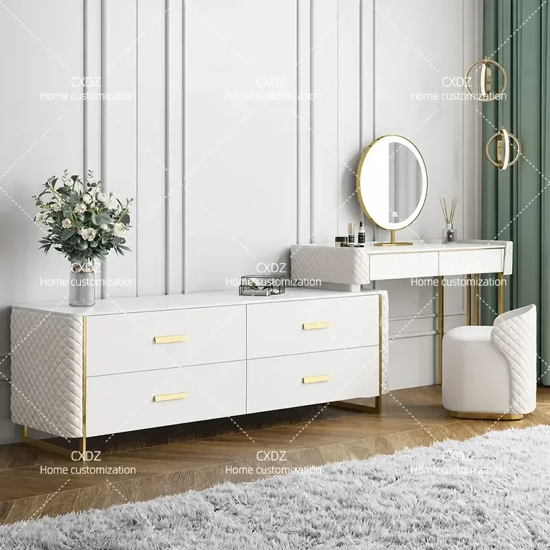 Modern Metal Dresser TV Cabinet Integrated Combo Light Luxury Simple Retractable Vanity Table with Stool Economical Complete