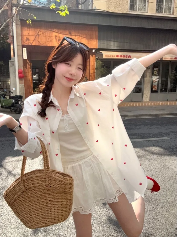 

plus Size Casual Loose Love Heart Long Sleeve Shirt Spring New Style Slimming Design Casual Open Cardigan Top for Women