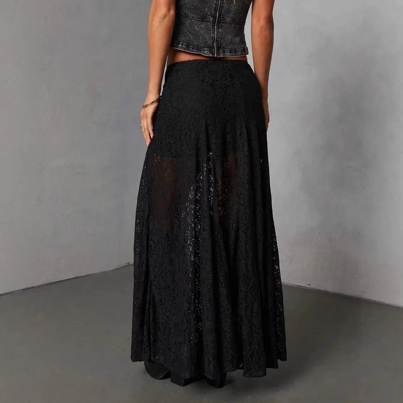 2026 New Lace Patchwork Long Skirt Mall Gothic Coquette High Waist Bodycon Skirts Sexy Sheer Hem Split Bottoms Elegant Techwear