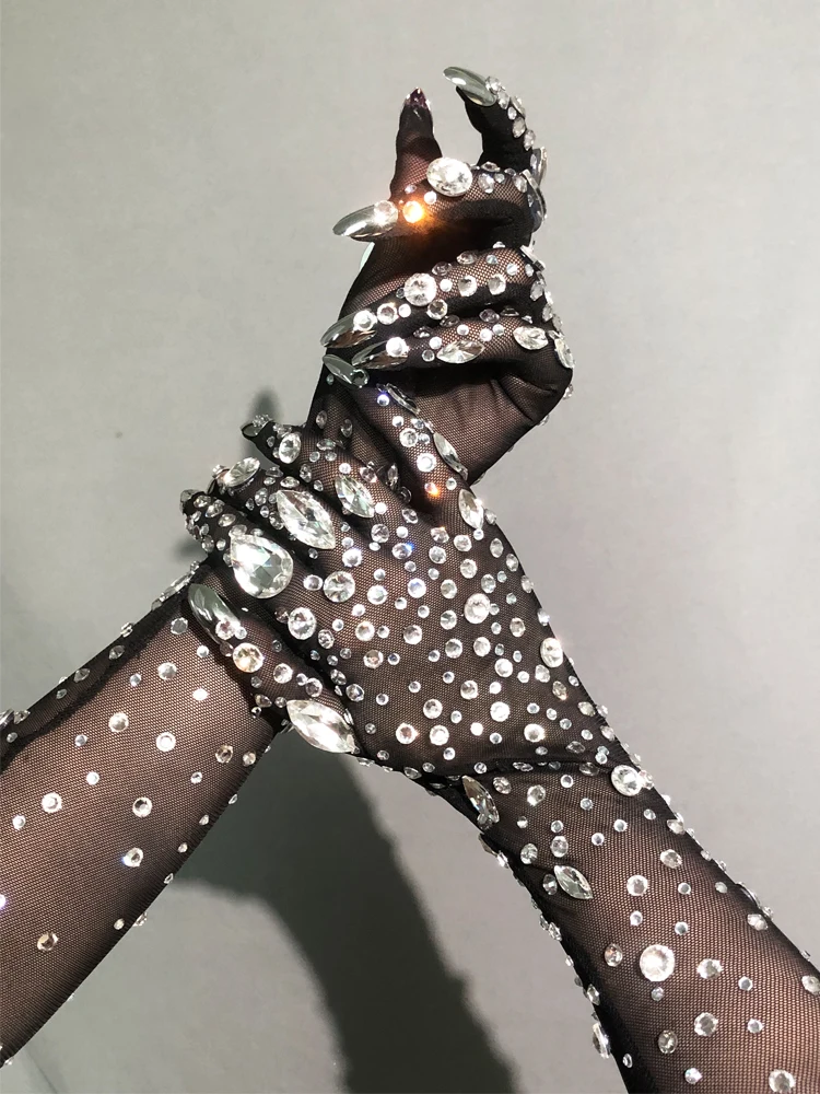 Mesh Black Gloves Shining Crystals Stones Long Mittens Rhinestones Stretch Transparent Bar Singer  Party Stage Wear Accessories