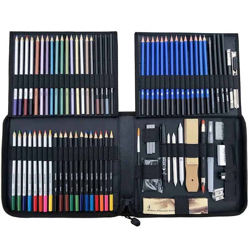 desenho e esboco de madeira portatil lapis colorido kit de ferramentas bolsa do artista grafite lapis de carvao borrachas 83 pcs 01