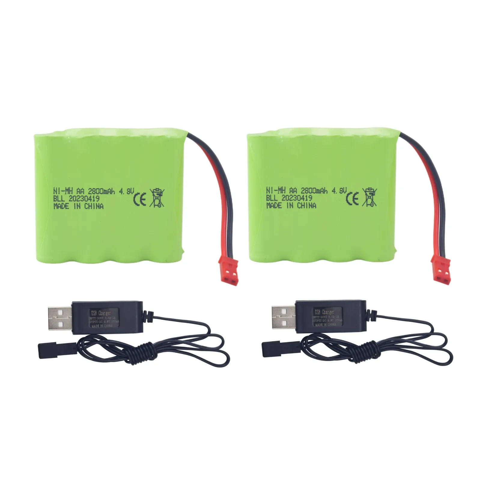 Pacco batteria 2 pezzi 4.8V 2800mAh con spina JST-2P + cavo di ricarica USB per giocattoli elettrici, escavatori, camion e veicoli di ingegneria