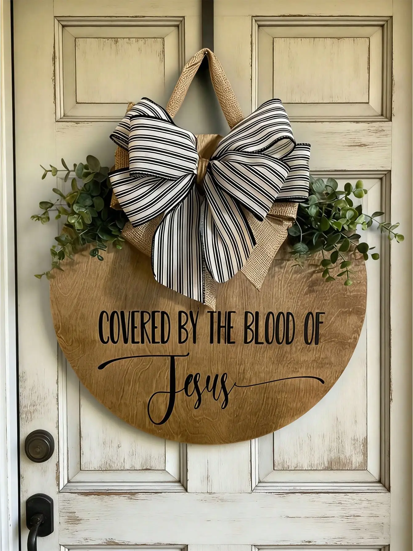 Farmhouse-style Christian door sign, entryway decor featuring a Bible verse, faux-wood wall plaque for indoor and outdoor use, durable religious home decor, porch accent, weather-resistant outdoor sign, garden decoration