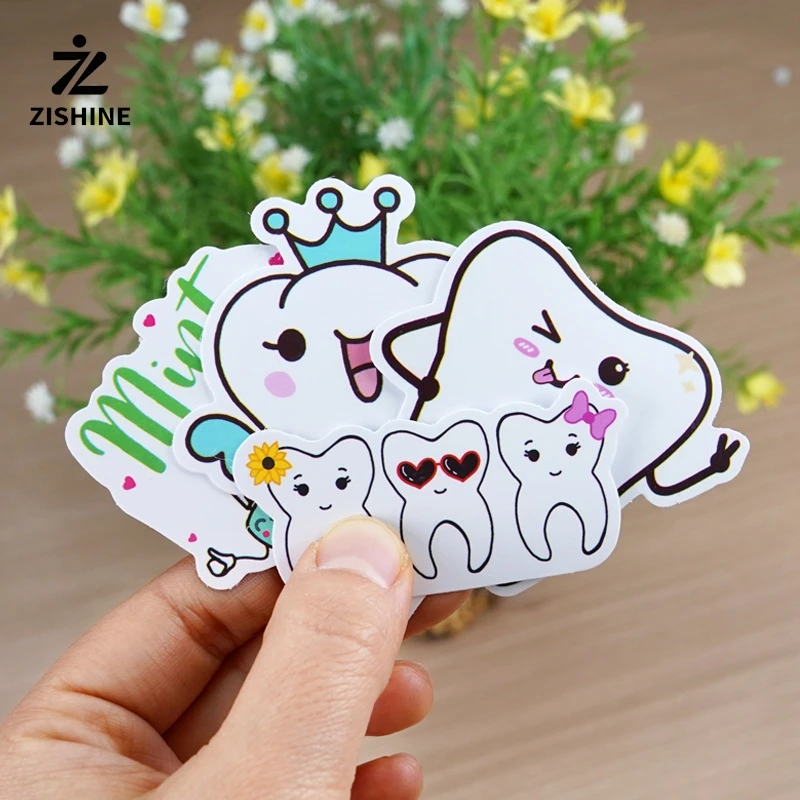 100Pcs Cute Dental Tooth Shaped Stickers Dentist Store Toothbrush Cartoon Teeth Sticker Wallstickers Decoration Dentistry Gifts