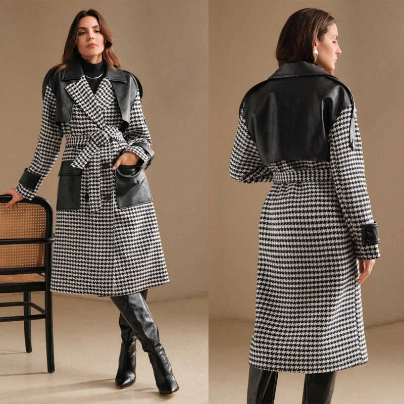 

Stylish Women's Houndstooth Trench Long Coat Double Breasted Autumn Winter Overcoat With Belt Outerwear Customized One Piece