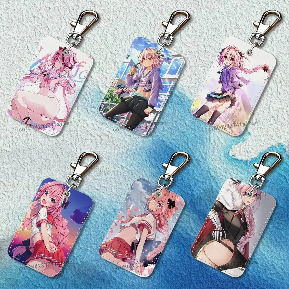 

F-Fate Apocrypha A-Astolfo Rectangle Card Case Keychain Access Card Bag Key Tag Ring Leather Card Holder Key Ring Access