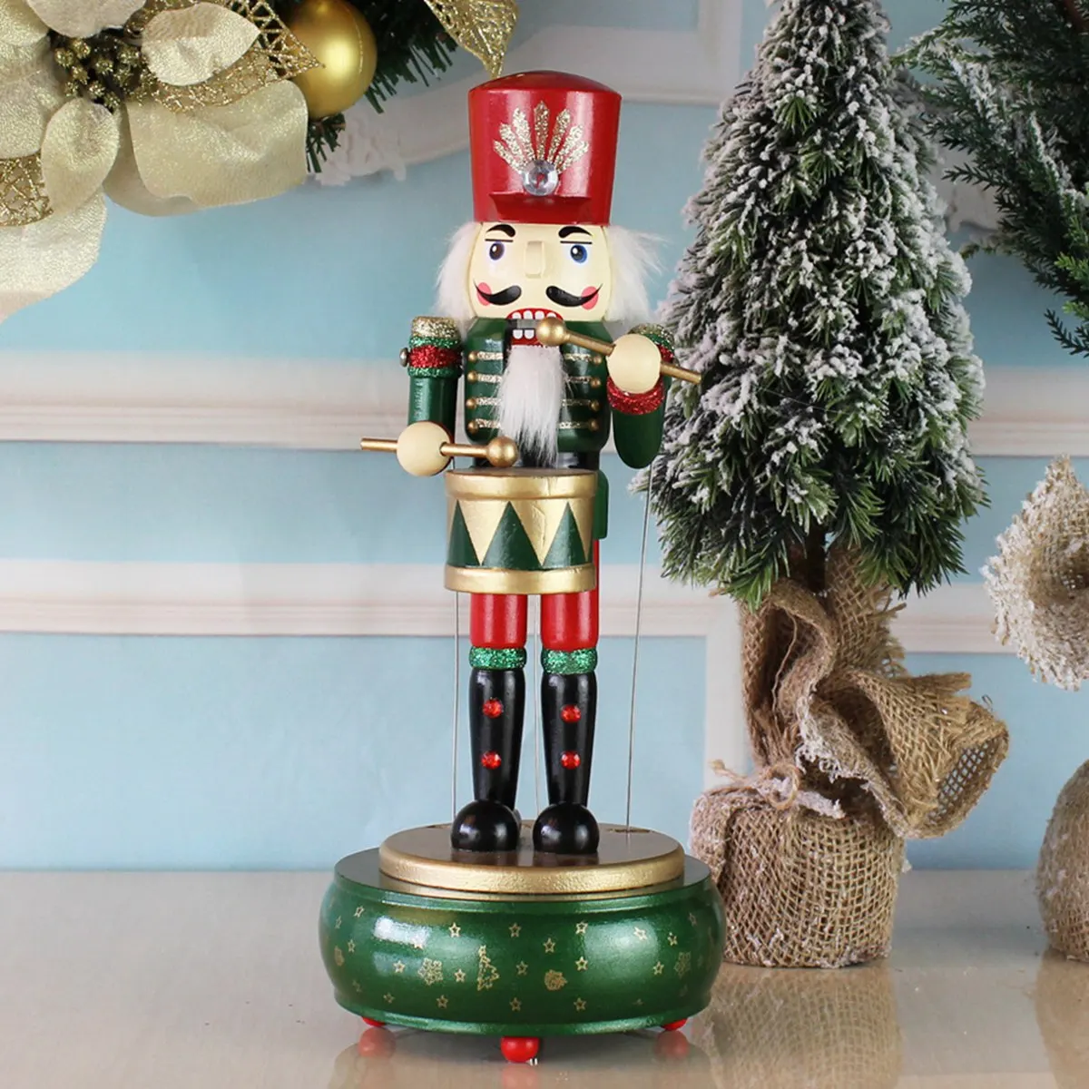 36Cm Christmas Nutcracker Kids Birthday Home Decoration Music Box DIY Wooden Nutcracker Toy Crafts,Green