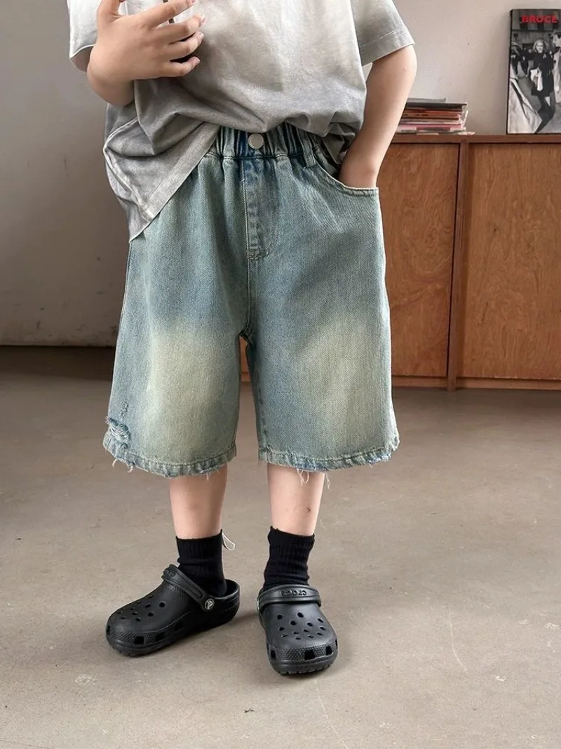 

Boys' Summer Sand Washed Cotton Ripped Denim Shorts Straight Leg 5 Inch Kids' Casual Shorts​
