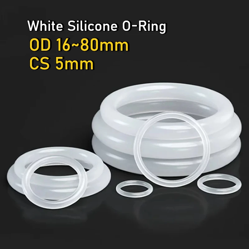 3-20pcs White Food Grade Silicone Thickness CS 5mm OD 16~80mm O Ring Gasket Waterproof Washer