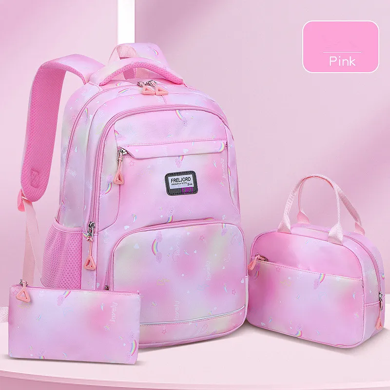 

Gradient color 3-piece school bag set for girls College style large capacity women rainbow backpacks kids orthopedic schoolbags