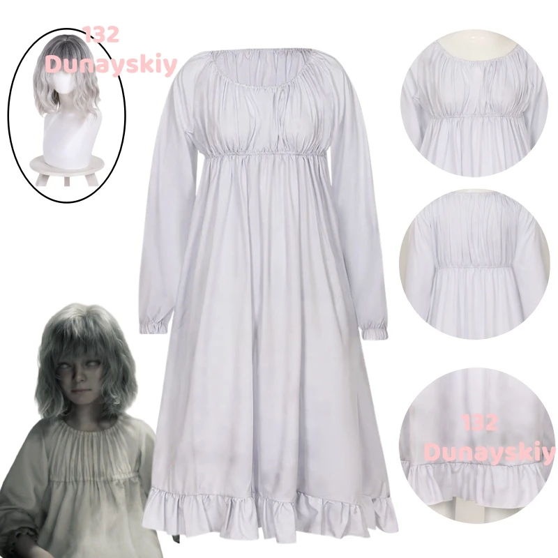 

Evil 9 Emily Grace Ashcroft Cosplay White Ruffle Dress Silver Wig Resident Requiem Halloween Carnival Suit