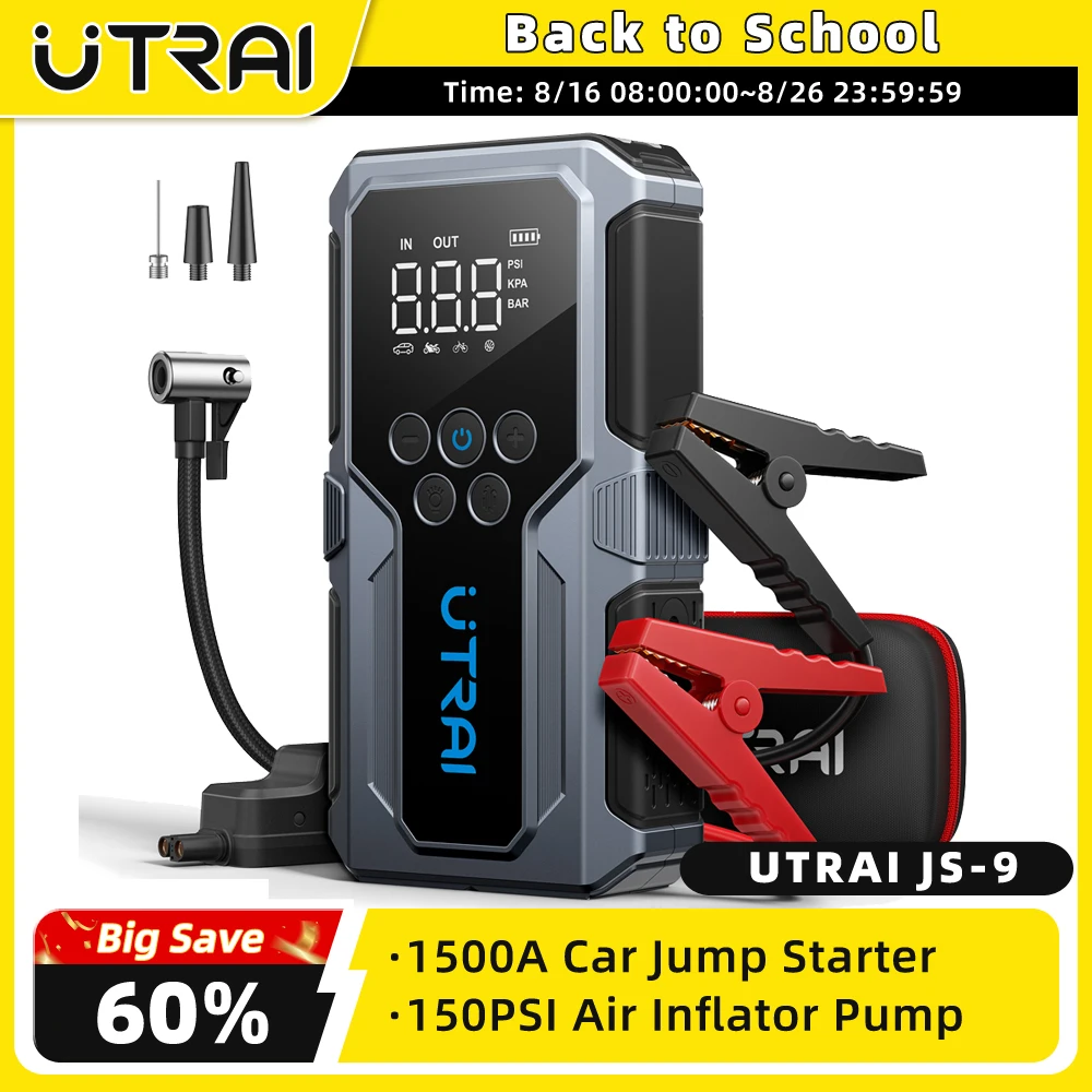 UTRAI 1500A Carro Jump Starter Power Bank Portátil 150PSI Bomba de ar Bateria de carro Boosteres de emergência Dispositivo de partida Carro Starter 2024