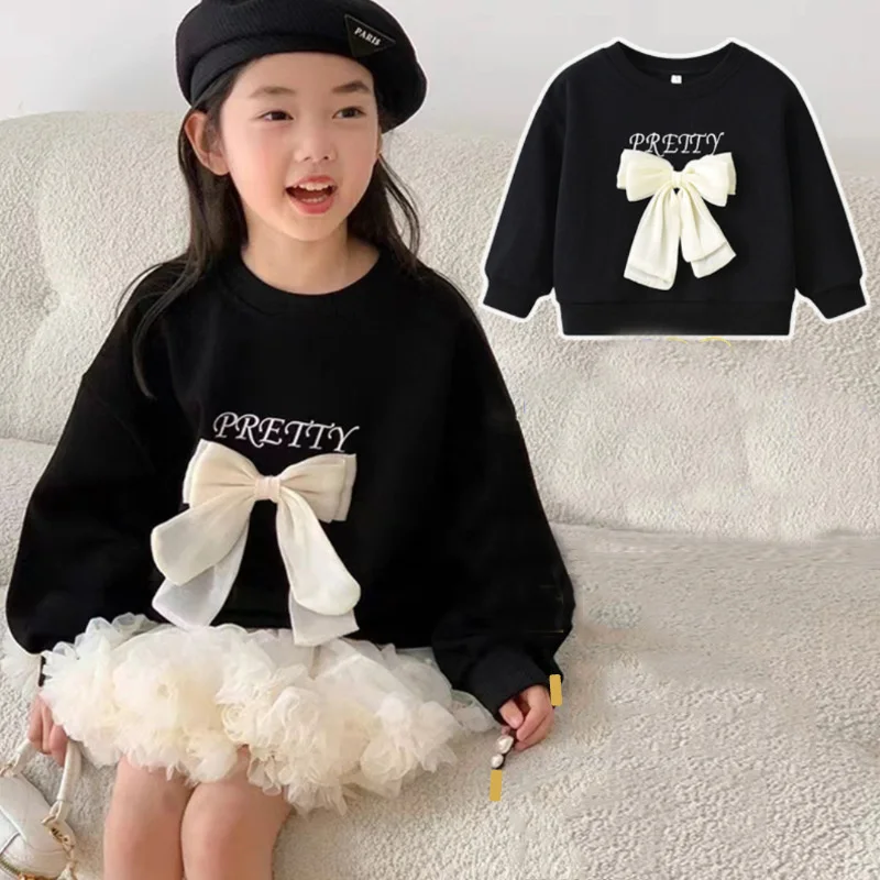 

Girl's Sweatshirt Children's Spring Bow Long-sleeved Pullovers Kids Sweet Casual Hoodless Tops Girls Princess Autumn Clothing