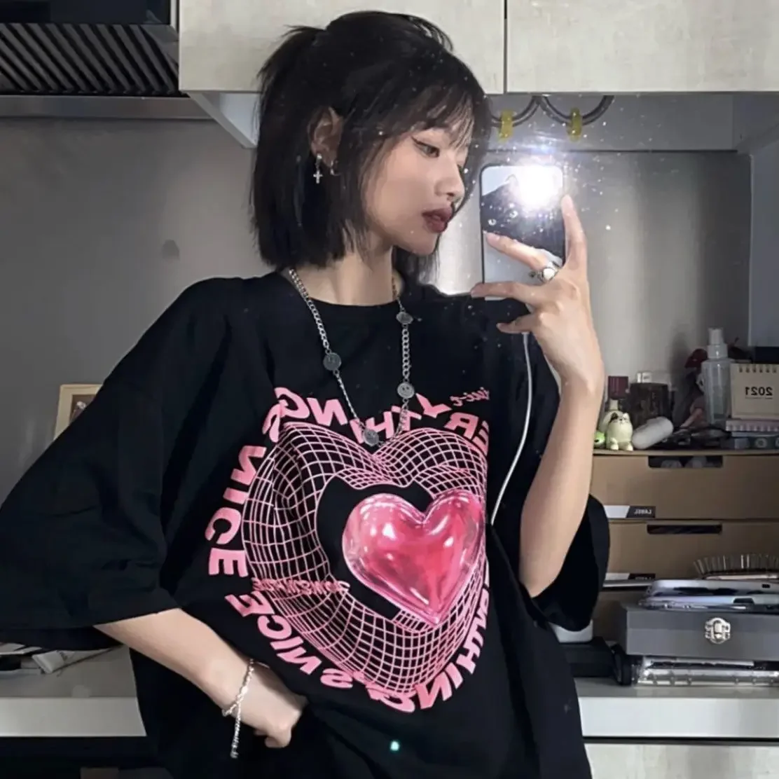 Oversized T Shirt Love Graphic T-shirts Women's New Cute Tees Couple Tshirt Streetwear Y2k Tops Harajuku Sweet Clothing