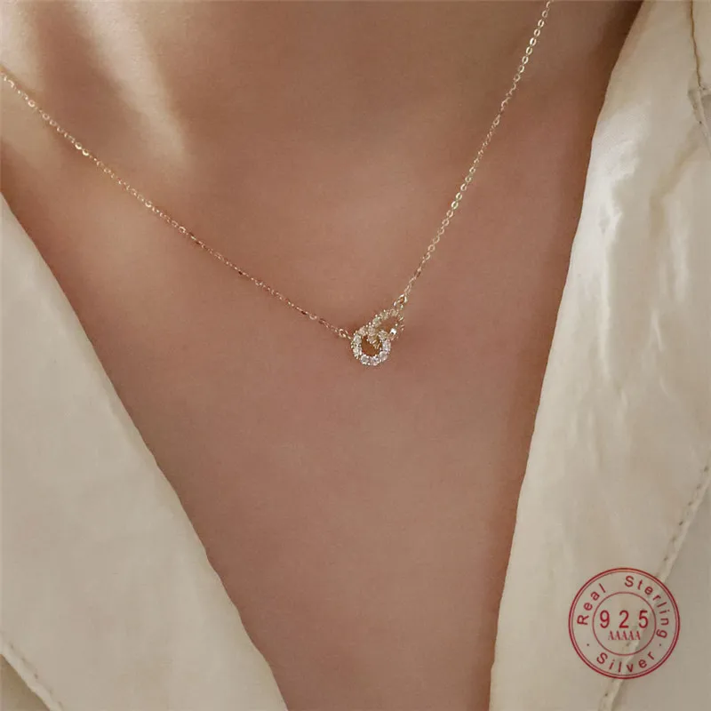 HI MAN Korean Exquisite Pavé Crystal Geometry S925 Sterling Silver Pendant Necklace Women Fashion Charm Party Jewelry