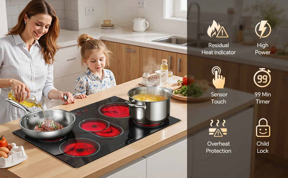KICHPOWER 77 cm 5-Zonen-Elektro-Keramikkochfeld 8500 W mit Touch-Steuerung und Sicherheitsschloss – Detail 3