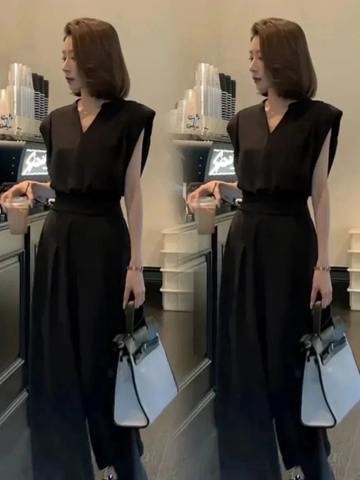 

Faionable V-Ne Top Wide Leg Pants Suit Two-Piece Set Summer New Design Sensation Women's Clothing Polyester Long Pants