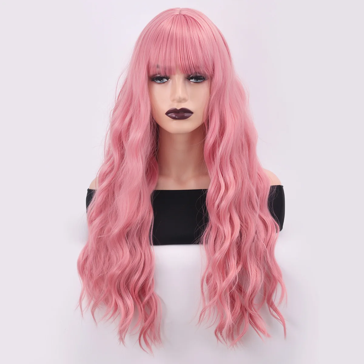 Cross border European and American wig, long curly hair, pink water ripple, mid split women's headband