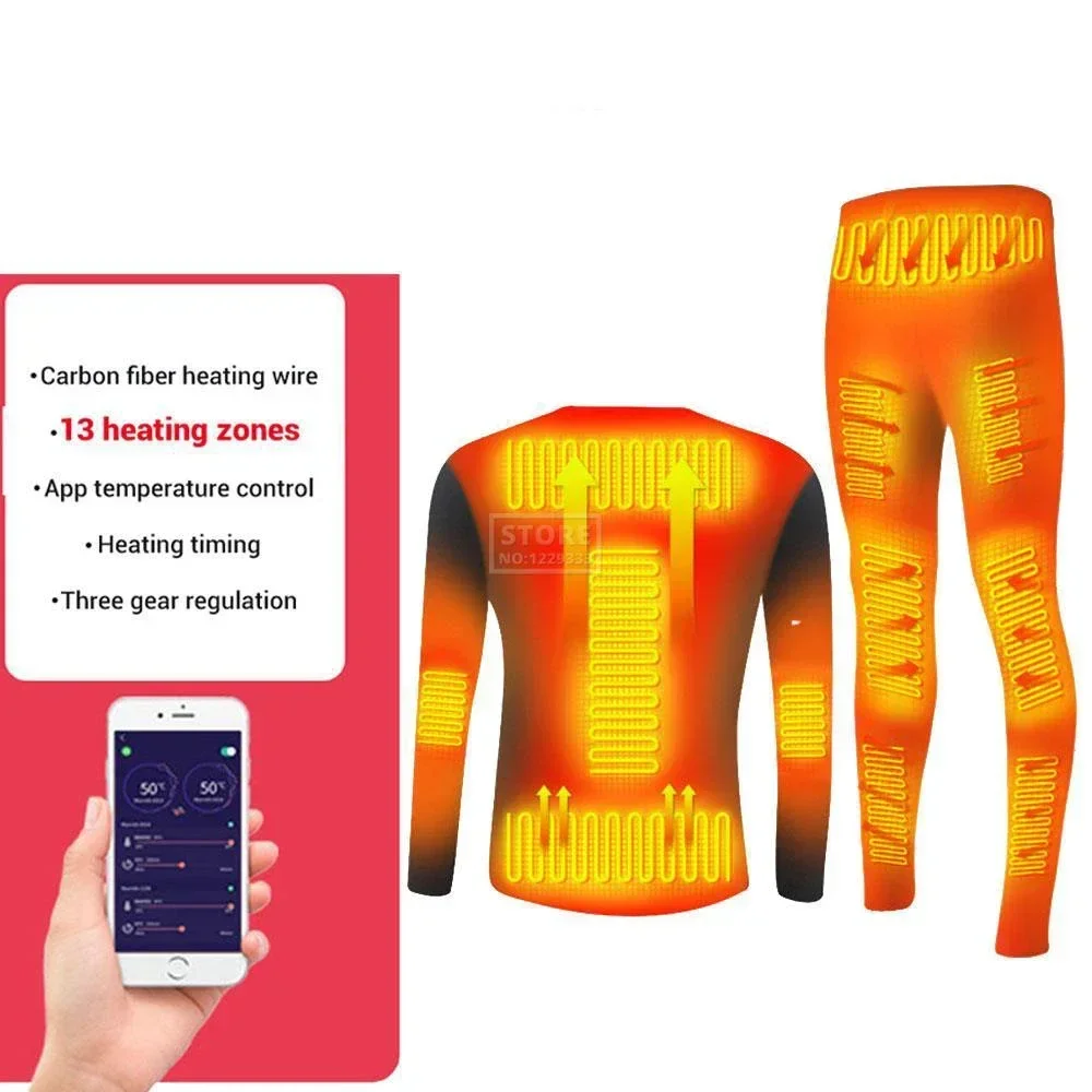 Winter 13 Areas Heated Underwear Suit Phone APP Control Temperature Power Bank Powered Fleece Thermal Bicycle Skiing Jacket