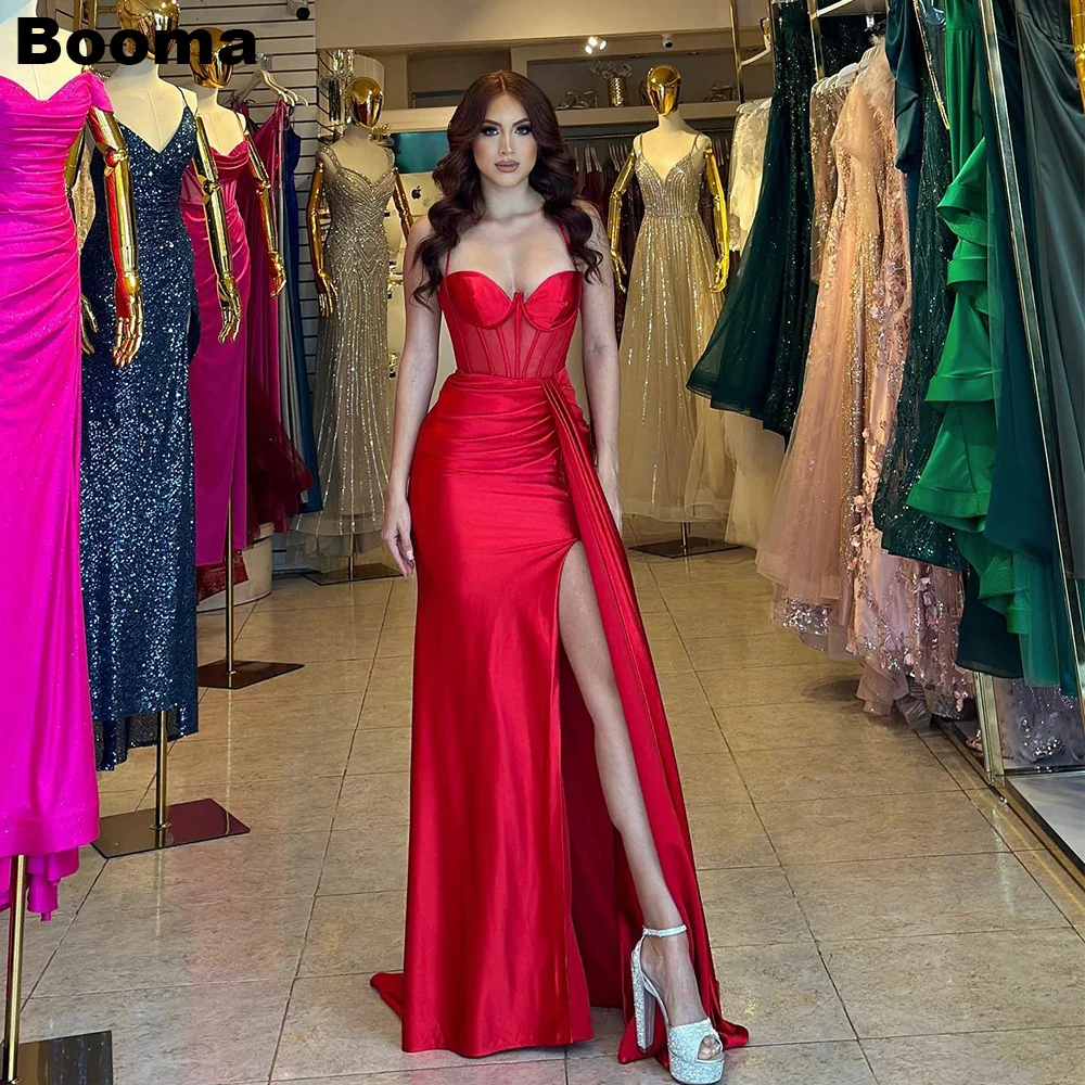 

Booma Red Mermaid Evening Dresses Spagehetti Straps Pleat Prom Dresses Boming Long Homecoming Gowns High Side Slit Formal Gowns