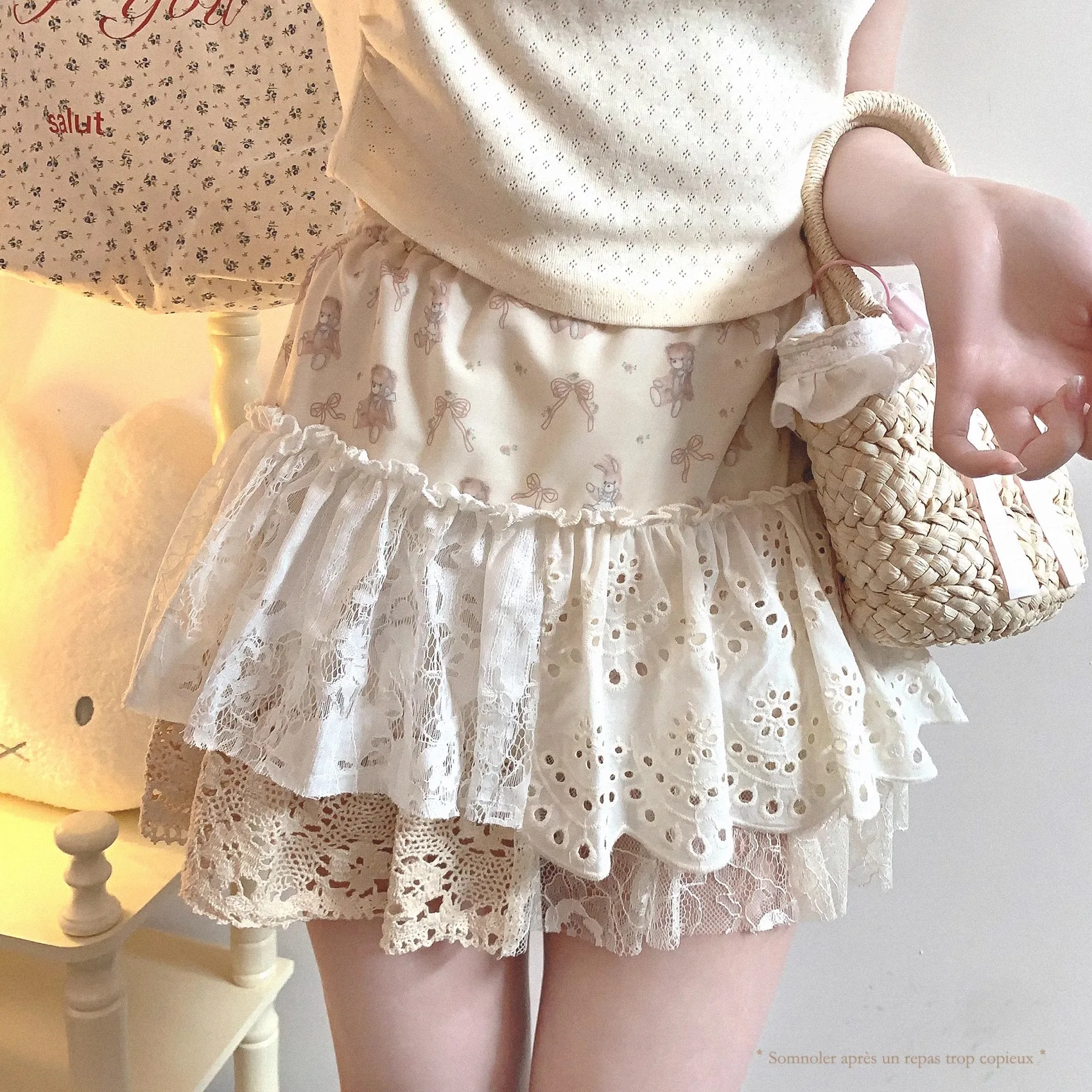 Japanese Elegant Retro Sweet Girl Skirts Elastic High Waist Lace Splicing Cute Bear Print Versatile Mini Cake Skirt Women Summer