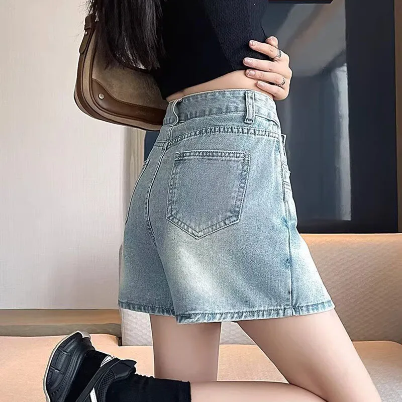 Summer Women's Single Breasted Denim Skirt American Casual Fashion Washed Blue Female A-line High Waist Fringe Skirt Shorts