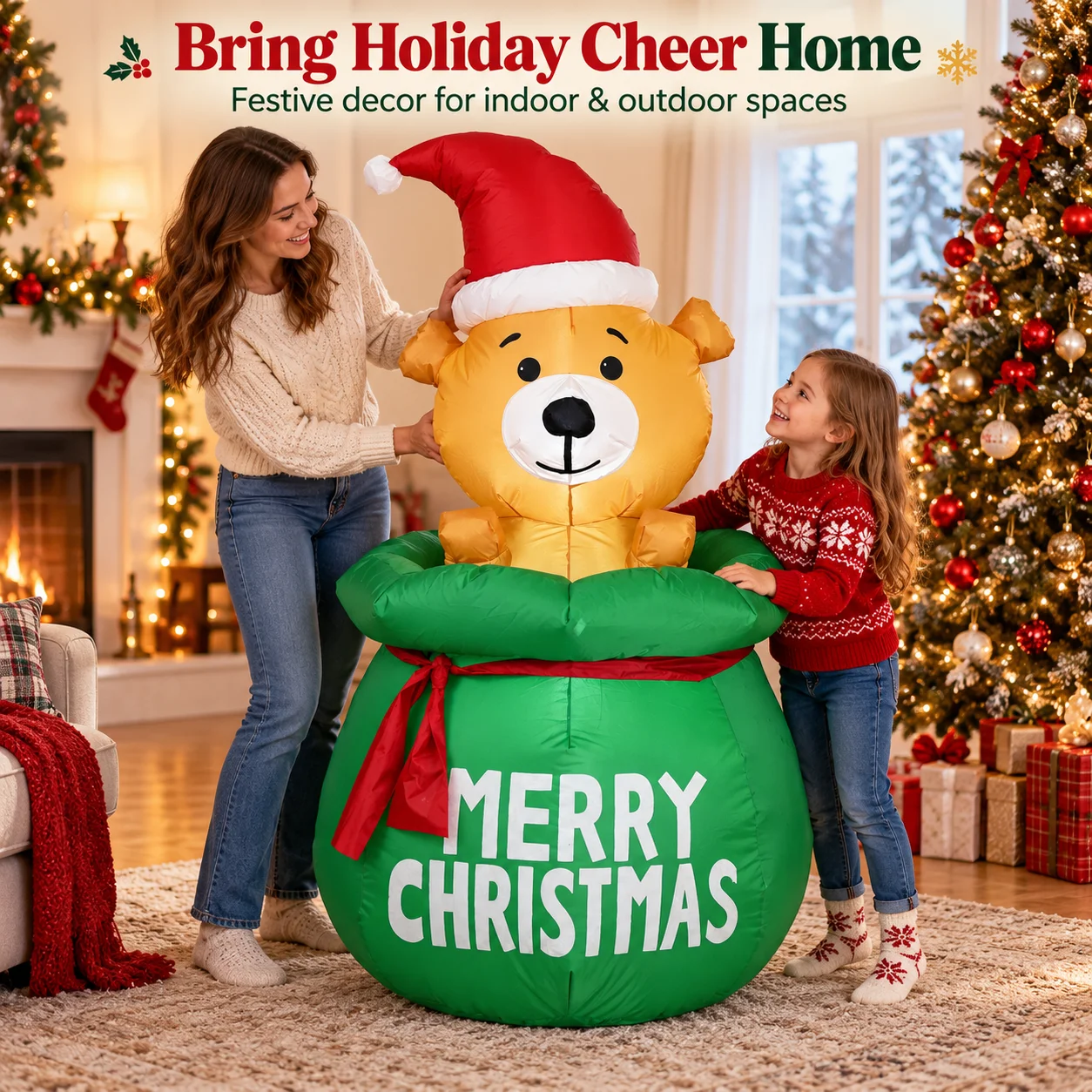 Christmas Inflatable Bear in Green Gift Bag with LED Lights Indoor Outdoor Yard Garden Decoration Xmas Holiday Party Prop Decor