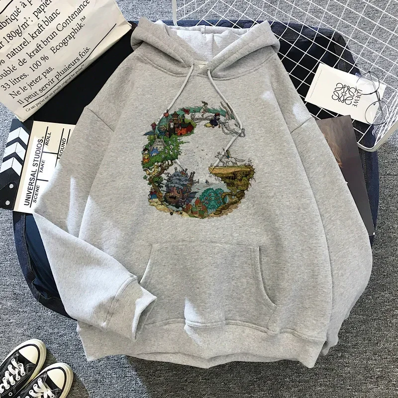 Kualitas tinggi kartun Anime Jepang Totoro Hoodie wanita Kawaii Hoodeis Miyazaki Hayao Studio sweatpria abu-abu Sweatshirt