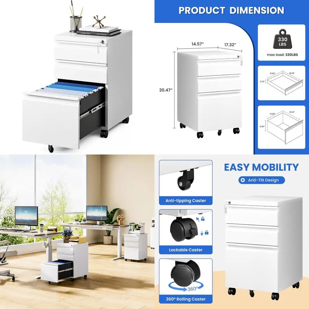 Metal Rolling 3-Drawer File Cabinet with Lock, Mobile Under Desk Storage for Home Office, Small Space Organization Solution