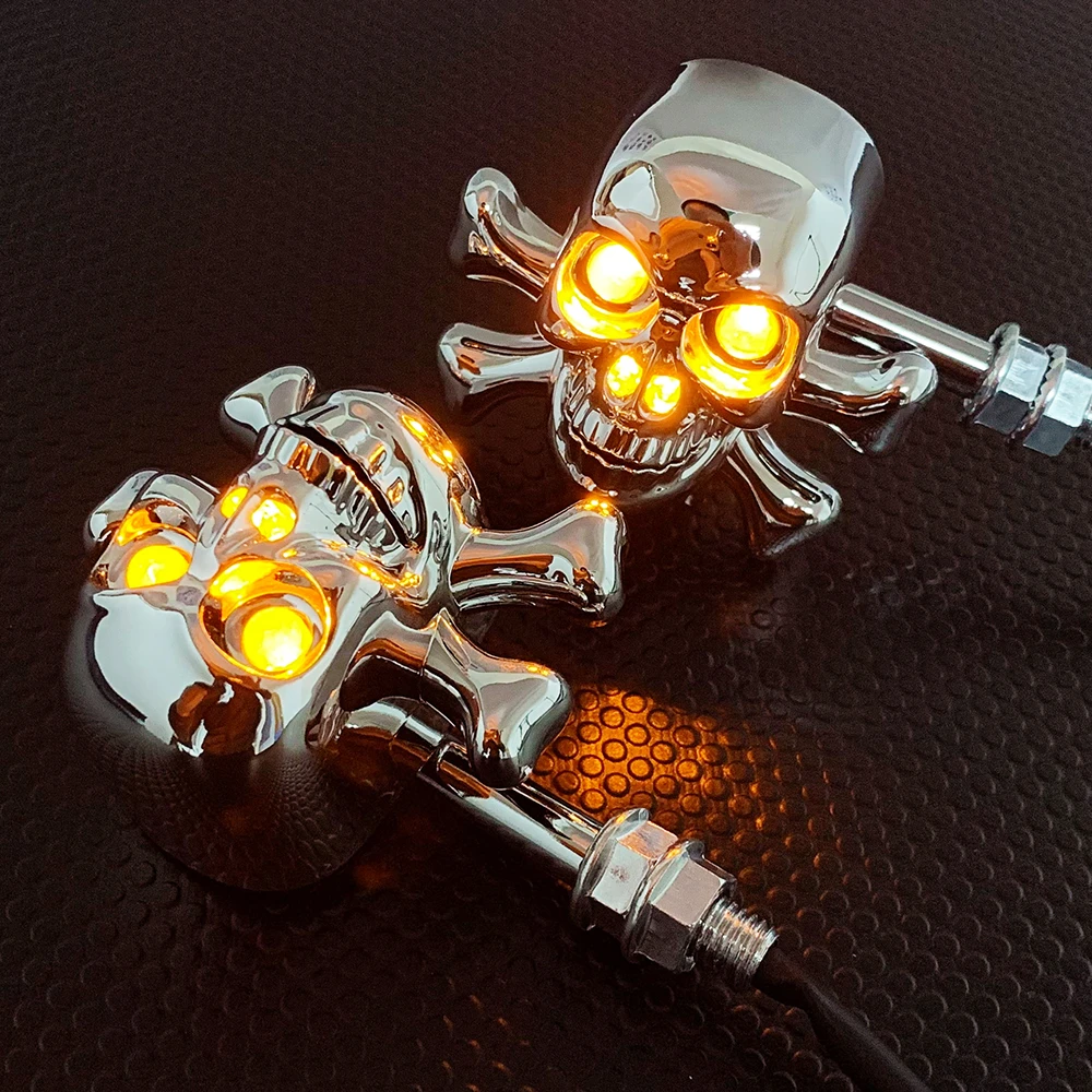 Chrome/Black Skull Motorcycle LED Turn Signal Lights Indicators For Most Motorcycle Cruiser Chopper Cafe Racer Atv Scooter