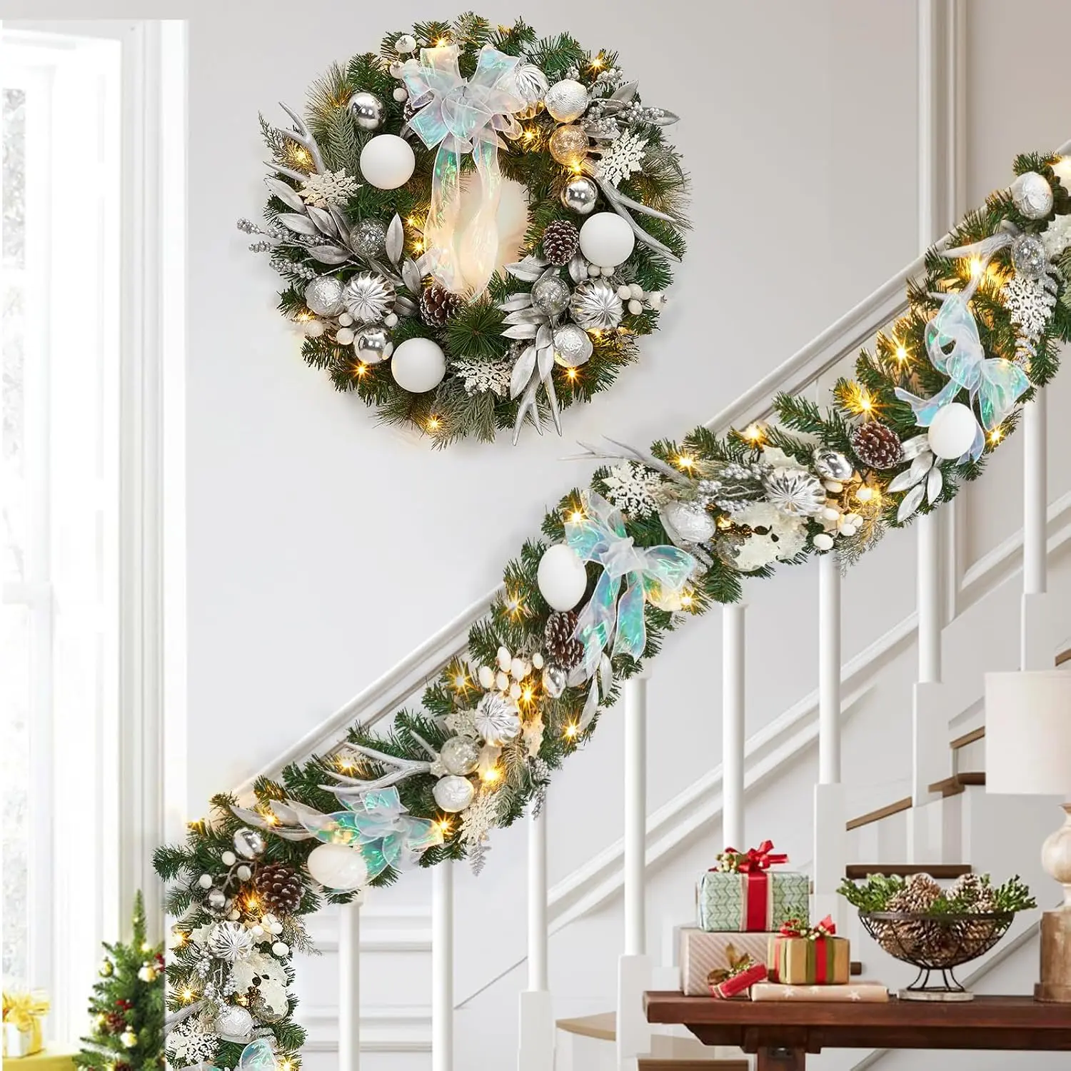 Garvee 6FT White Silver Christmas Garland with Lights & Timer for Mantle 20 LEDs 8 Modes Battery Operated, Lighted Winter Garland with Deer Antlers & Ball Ornaments for Fireplace Stairs - view 2