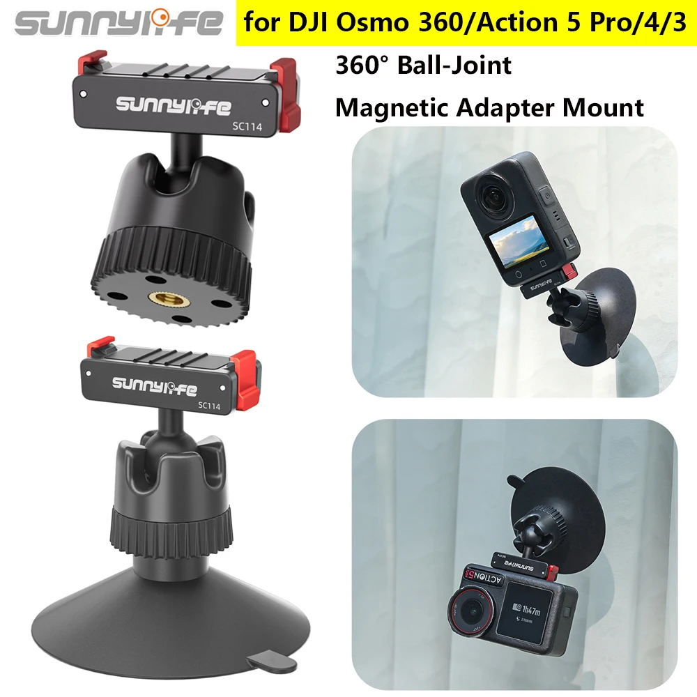 

Sunnylife For DJI Osmo 360/Action 5 Pro/4/3 Magnetic Ball-Joint Adapter Mount Quick-Release Rotatable Suction Cup Bracket Base