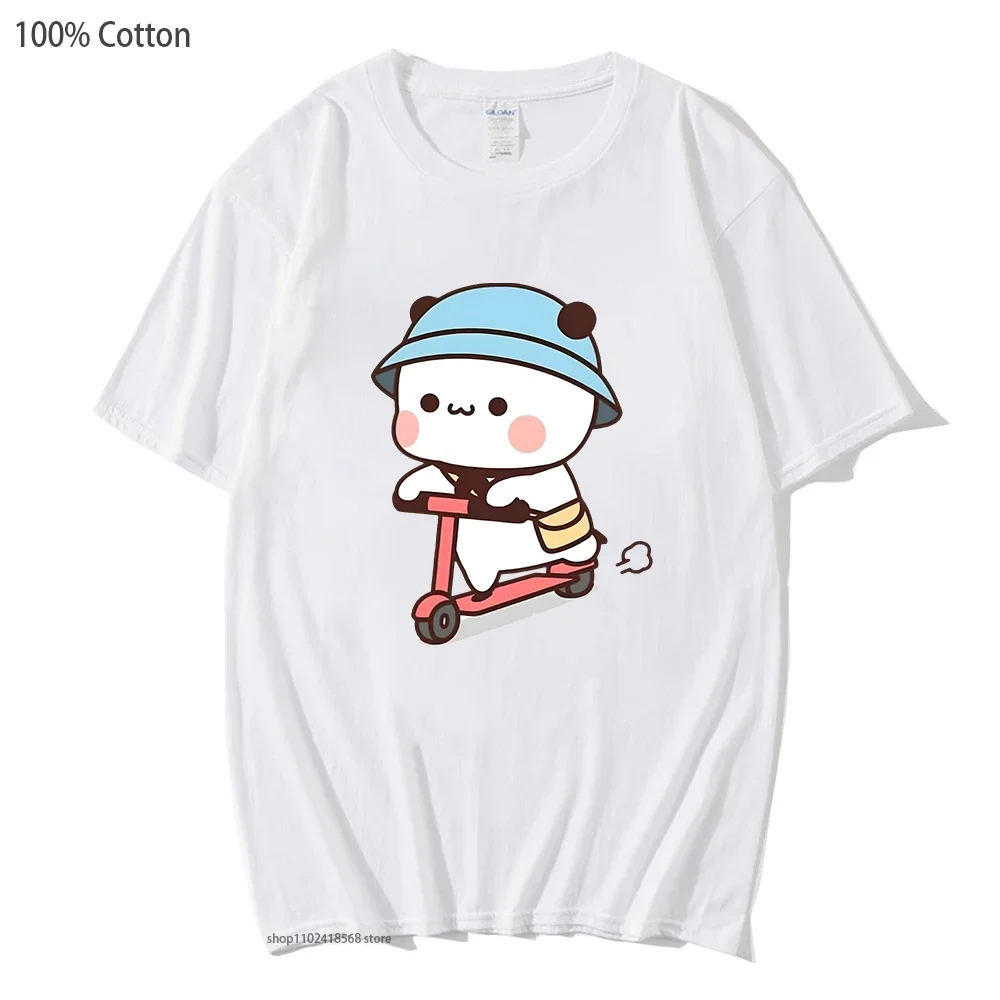 Cartoon Bubu Dudu Shirt Mochi Brownie Bear Bike Riding T-Shirts Women Kawaii Y2k Clothes Men Cartoon Top Summer Tees 100% Cotton