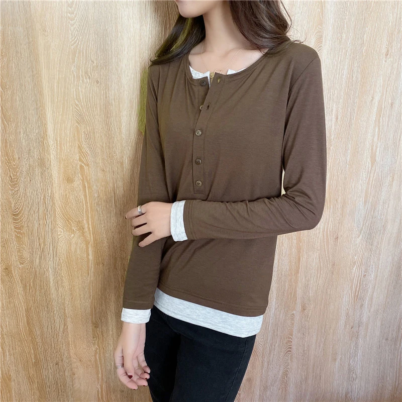 Maternity Long Sleeve Fake 2 Pieces T-Shirt Long Sleeve Casual Nursing Clothes Solid Color Breastfeeding Clothes Pregnancy