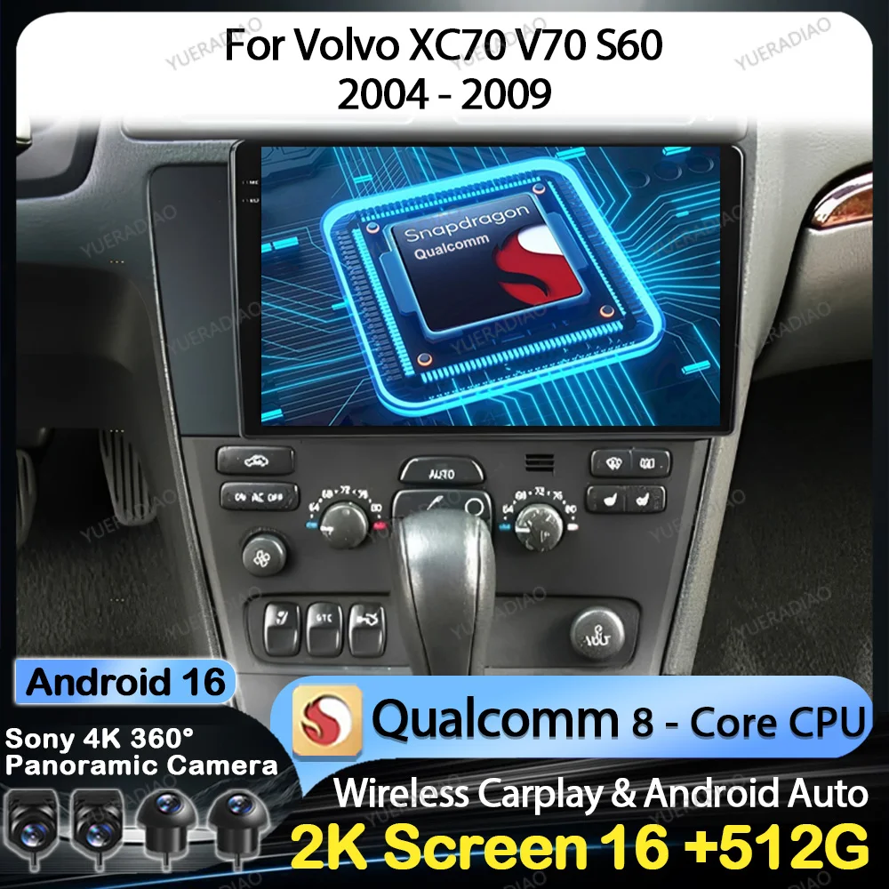 Radio para Auto Android 16 para Volvo XC70 V70 S60 2004 - 2007, Reproductor Multimedia Estéreo, Reproductor de Video, Unidad Principal Qualcomm, GPS NAVI QLED 2DIN BT