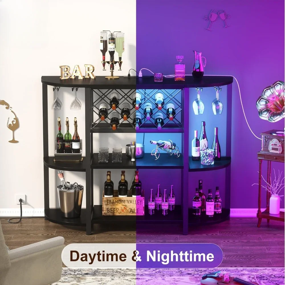 4-layer metal wine cabinet with sockets and LED lights, independent floor standing table for storing wine glasses