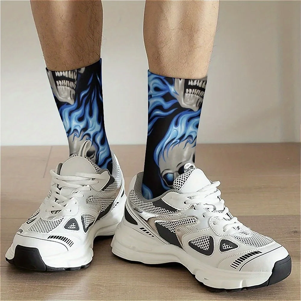 Blue Flame Skull Print Crew-Length Hosiery for Men and Women, Knit Polyester Fabric with Spandex, Machine Washable,