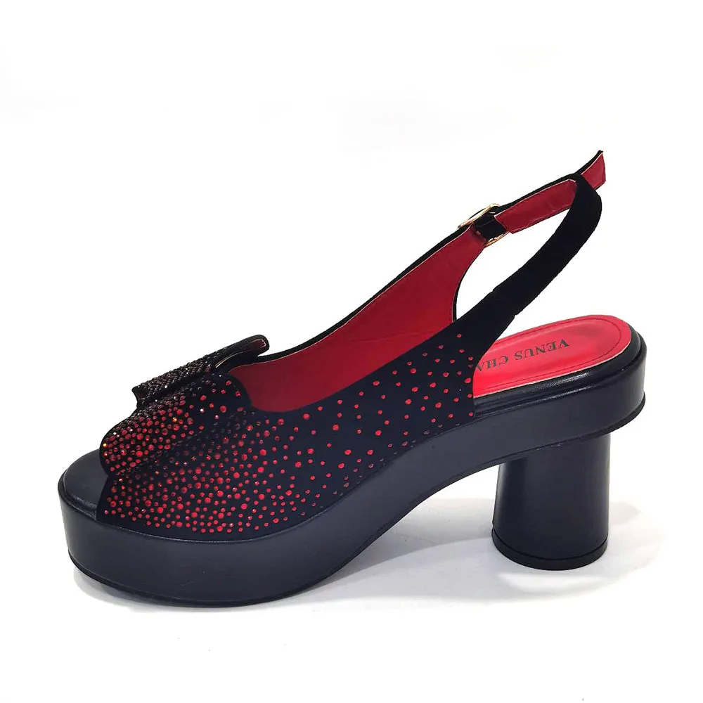 Red Color 2024 Fashion Square Heels with Platform African Women Shoes and Bag Set Full Crystal Pumps for Wedding Party
