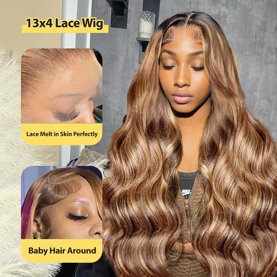 Perruque Lace Front Wig 360 naturelle, Body Wave ombré, blond miel 4/27, 13x4, 13x6, pre-plucked, densité 200