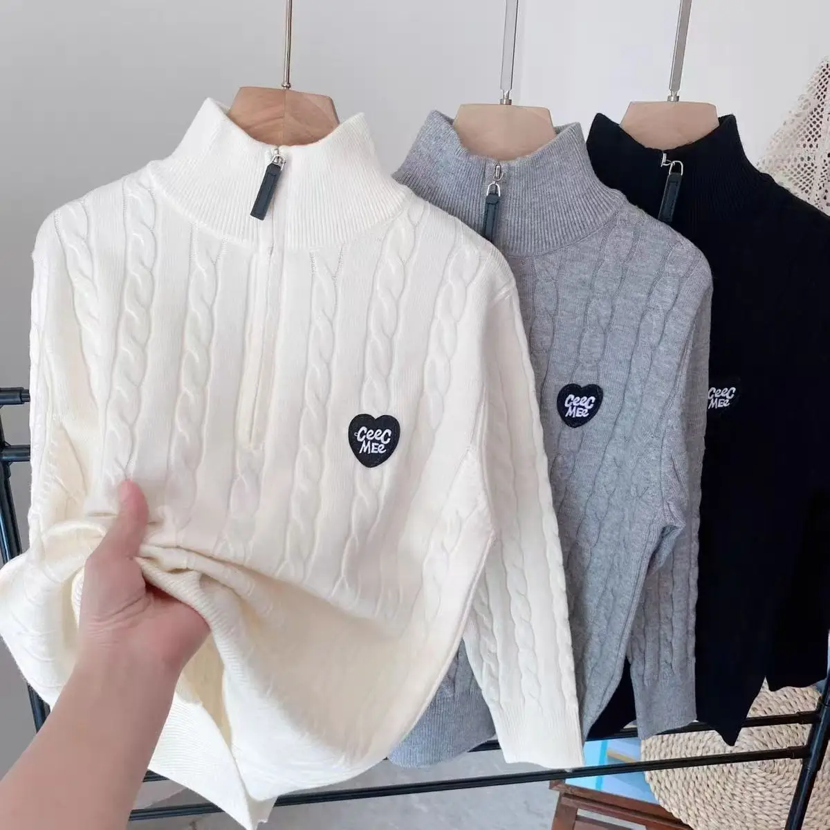 Middle And Large Children's Semi High Neck Children's Sweater Boys' White Knitted Sweater Spring/Autumn New Children's Clothing